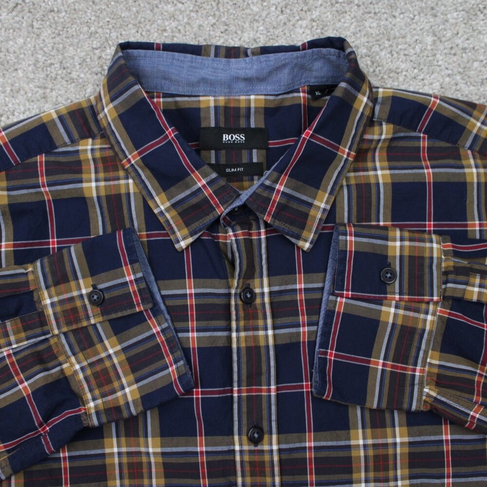 BOSS Hugo Boss Ronny Shirt‎ Mens XL Blue/Red/Yellow Slim Fit Cotton L/S Button